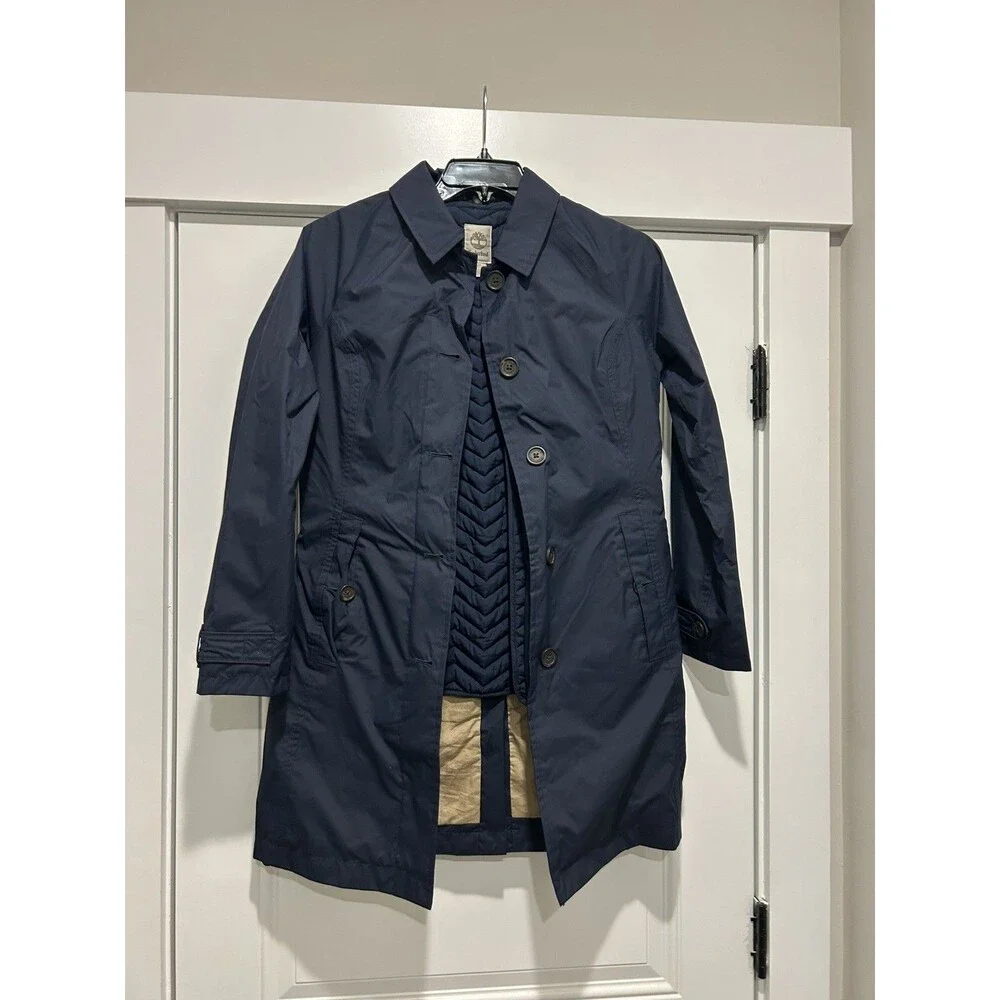 Timberland Women HyVent Waterproof 2 in 1 Trench Coat Blue Small Quilted Liner